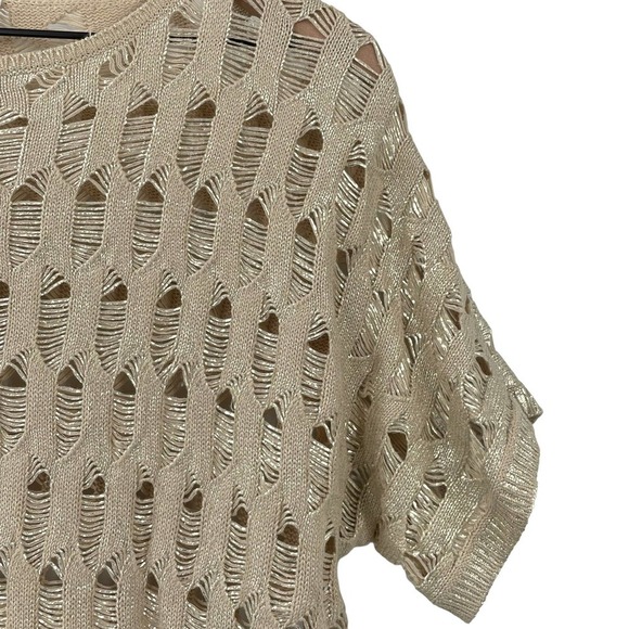 Chico's Short Sleeve Sweater Gold Shimmer Metallic Loose Knit 100% Cotton | 2 - Picture 9 of 11